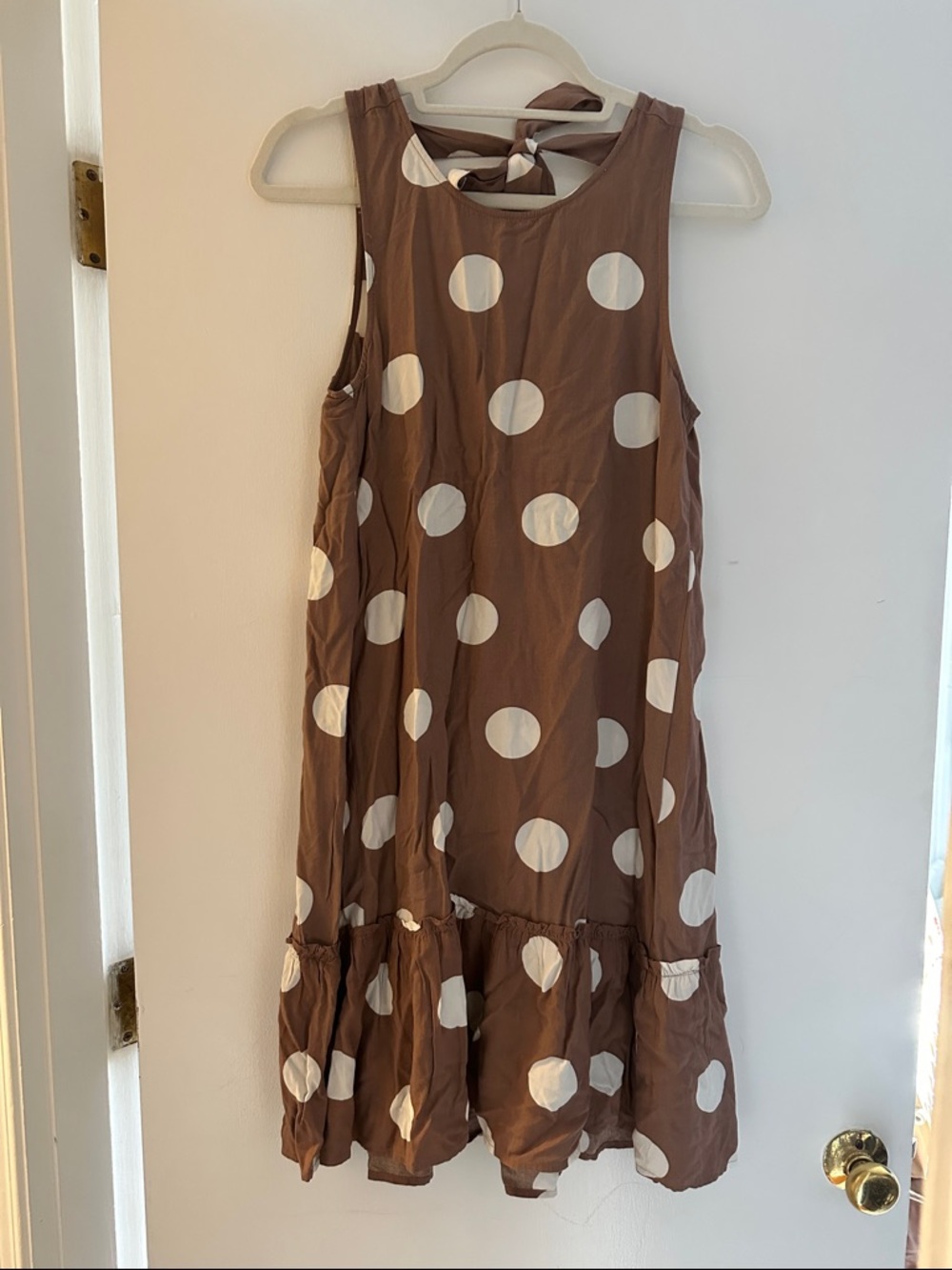 LOFT Brown and Cream Polka Dot Tie-Back Sleeveless Dress